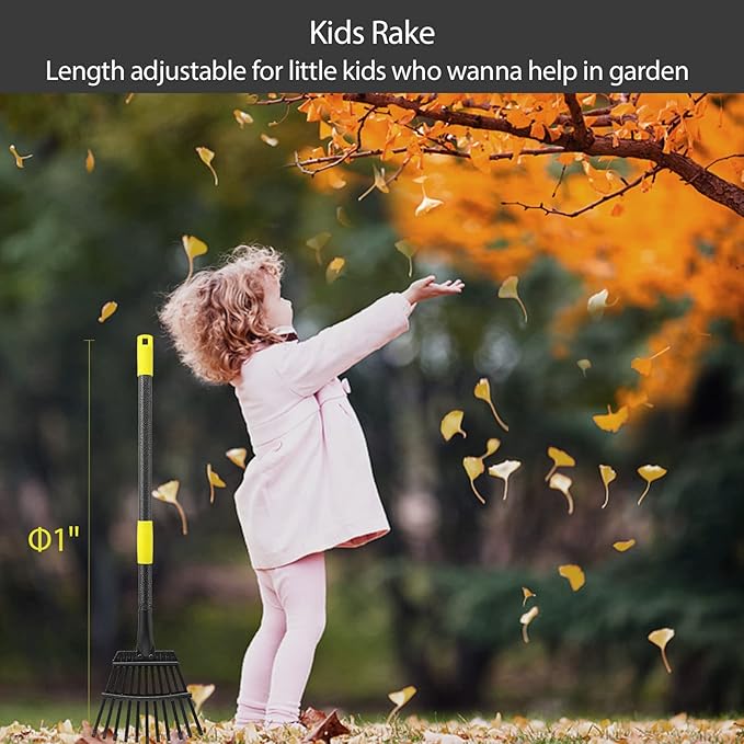 Garden Leaf Rake for Lawns Heavy Duty, Adjustable Shrub Iron Thatch Rake Long Handle 30-58", 11 Tines 9" Wide Adult Kids Yard Small Metal Rake for Leaves Gardening Camping Debris Flower Beds