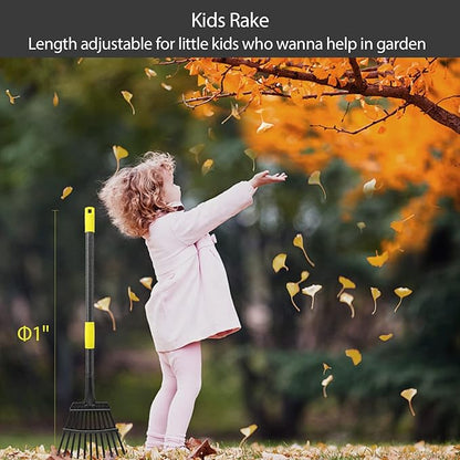 Oliynedy Adjustable Metal Garden Rake for Leaves - Long Handle 30-60", 11 Tines 9" Wide - Small Lawn Collapsible Yard Rake for Adults and Kids - Camping, Flower Beds, Mulch, Shrub