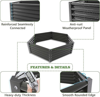 A ANLEOLIFE Hexagon Galvanized Metal Raised Garden Bed Outdoor, 70x60x18in Deep Metal Planter Box for Flowers, Herbs & Vegetables, 18'' Tall Decorative Raised Bed, Quartz Grey