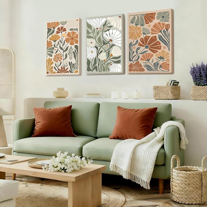 Kdyudo 3 pcs Framed Bohemian Wildflower wall art, Abstract Floral Canvas Print Green and Beige Hand-Painted Botanical Poster Modern Minimalist Style Wall Decor for Bedroom and Living Room 12x16 Inch
