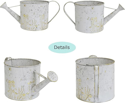 Vintage Metal Watering Can with Floral Embossed Design Garden Distressed White Decorative Watering Pot Planter Rustic Farmhouse Waterer for Home Indoor Outdoor Garden Balcony Courtyard (White#2)