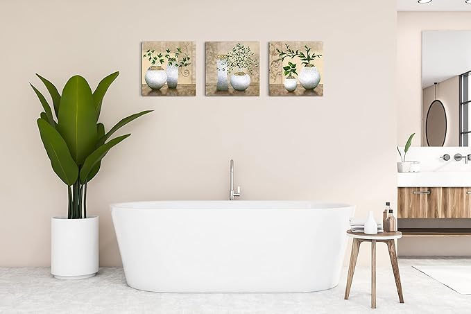 3 Piece Wall Art for Bathroom/Hallway, SZ HD Elegant Canvas Painting Prints of Green Spring Plants in Vases on Beige/Tan Picture (Waterproof Decor, Ready to Hang, 12x12 x3)