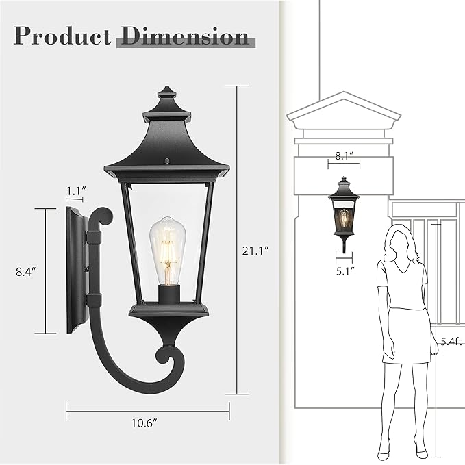Emliviar Stylish Exterior Light, 21.1 Inch Exterior Wall Sconce with Clear Glass Shade, Black Finish, XE292UB-M BK