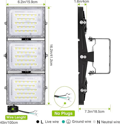 LED Flood Light Outdoor, STASUN 150W 15000lm 6000K Daylight White IP66 Waterproof, Commercial Parking Lot Light,3 Heads for Yard Street Stadium House Floodlight Bright Security Lights for Outdoor Area