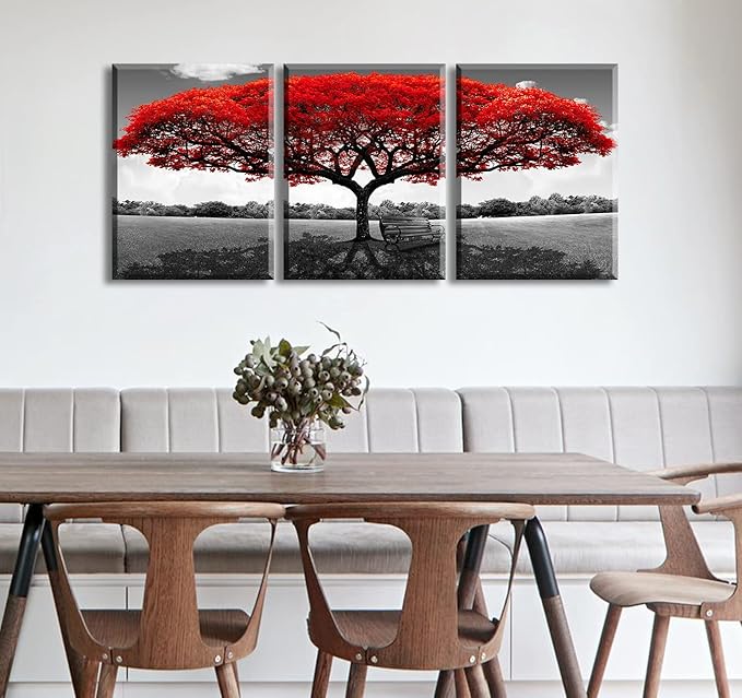 Tree of Life Canvas Wall Art for Living Room 3 Piece Red Tree Pictures for Bedroom Wall Decor Black and White Nature Scenery Painting Prints Modern Home Artwork Framed 12x16 Inch
