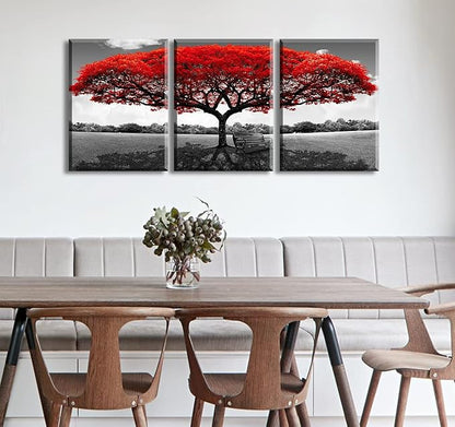 Tree of Life Canvas Wall Art for Living Room 3 Piece Red Tree Pictures for Bedroom Wall Decor Black and White Nature Scenery Painting Prints Modern Home Artwork Framed 12x16 Inch