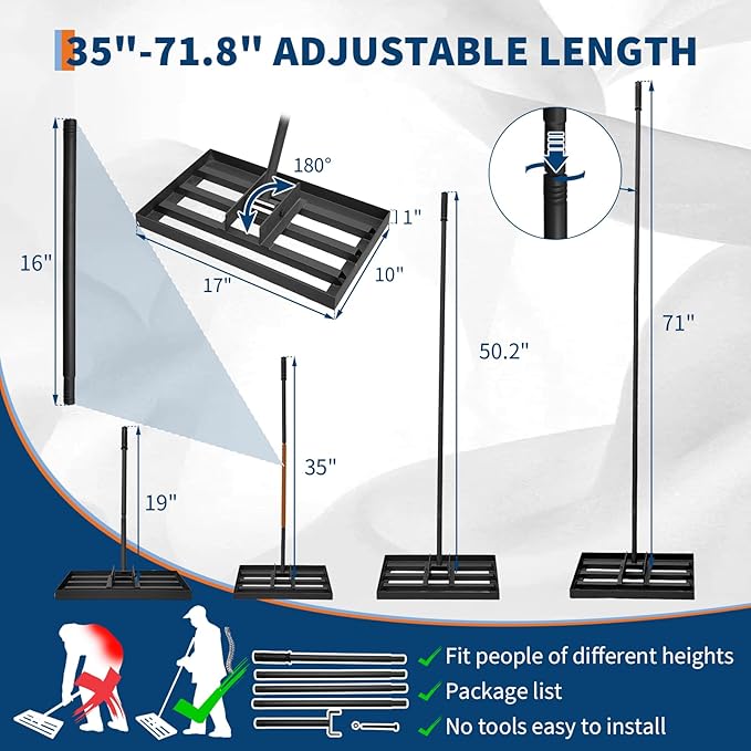 Ground Leveler for Yard,Lawn Leveling Rake 17 Inch,Heavy Duty Lawn Leveler Tool with Adjustable Handle,Lawn Leveling Rake for Soil,Grass