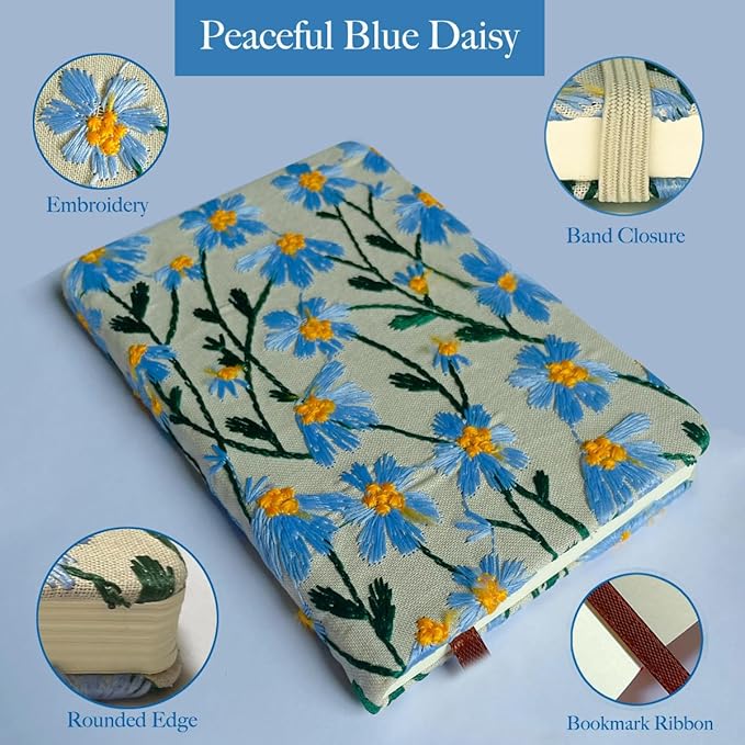 A5 Notebook, Flower Journal, Embroidered Notebook, 8"x6", Hardcover, Lay Flat, Lined, Wide Ruled Paper, Personalized Notebook, Pretty Journal, Daisy Gifts for Women, Blue, with Elastic Band
