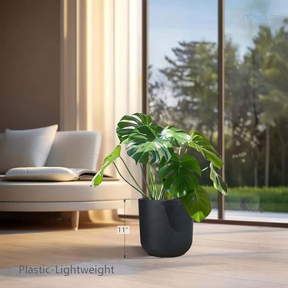 11 Inch Modern Cylinder Planters for Outdoor Indoor Plants, Plastic Pots for Plants with Drainage Hole and Rubber Plug, Plant Pots Indoor for Home Garden Patio Office, Cylinder Flower Pot, Coal Black