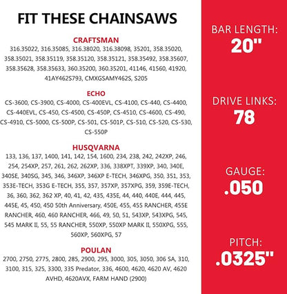 E & S 3 Pack 20 Inch Chainsaw Chain .325" Pitch .050" Gauge 78 Drive Links Semi-Chisel Chain Saw Chains for Husqvarna, Poulan, Craftsman, Greenworks and More Chainsaw Brands