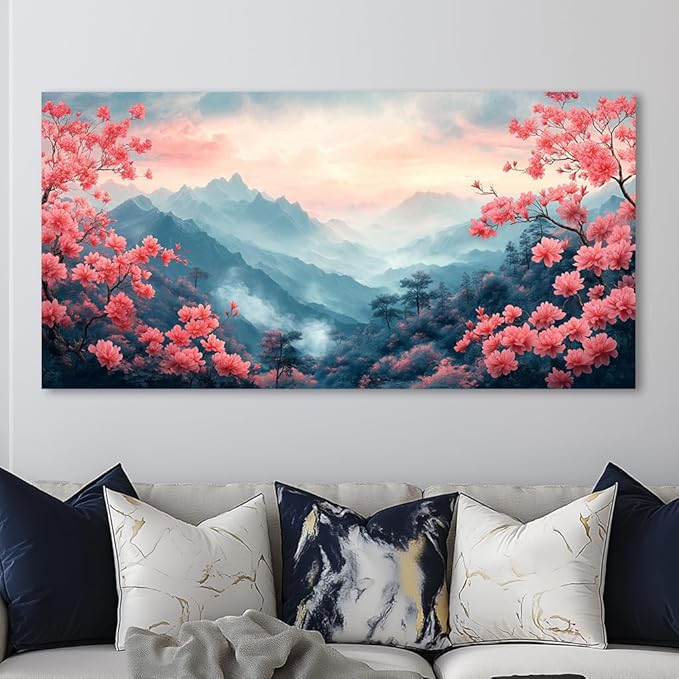 IDAFU Pink Mountain Wall Art for Living Room Office Beautiful Floral Flower Painting Prints Mountain Flowers Landscape Canvas Artwork Girls Bedroom Decor Ready to Hang (24x48 Inches)
