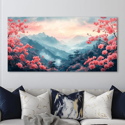 Pink Floral Landscape Wall Art Mountain Pictures -Abstract Mountain Artwork Pink Flowers Poster Mountain Pink Flowers Painting , Cherry Blossom Artwork for Living Room, Bedroom, Office & Home Décor,Ready to Hang (16x32 Inches)