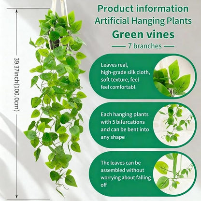 Fake Pothos in Rope - Hanging Pot, Artificial Pothos Plants for Home Decor Indoor Macrame Plant Hanger with Faux Vine Hanging Planter Greenery for Bedroom Bathroom Kitchen Office Decor
