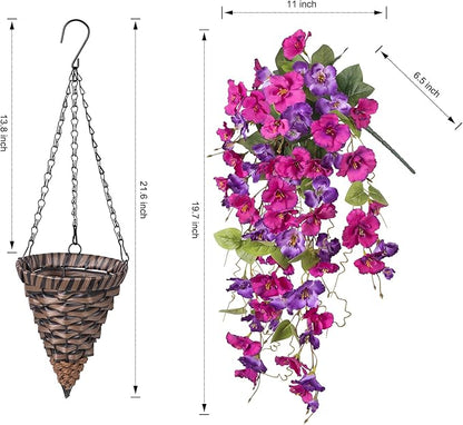Artificial Fake Hanging Hibiscus Flowers Plants Baskets for Outdoor Outside Spring Summer Decoration, Faux Silk Hibiscus Long Vines in Planter UV Resistant Realistic Flowers (PurpleDarkPurple)