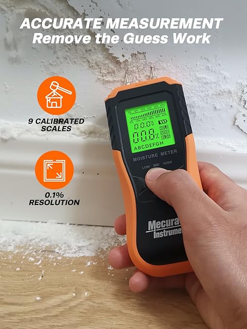 Mecurate Digital Pin Type Wood Moisture Meter with 3 Colored Indicators, Moisture Detector 2 Mode 8 Calibration Large Backlit for Wood, Wall, Firewall (Orange)