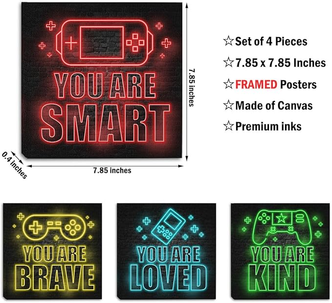 4 PCs Neon Gaming Wall Decor Canvas Wall Art Framed Art Game Room Decor Boys Room Decor Gaming Posters, Gamer Room Decor for Boys, Artwork for Walls Video Game Room Playroom Boys Bedroom Home Decor
