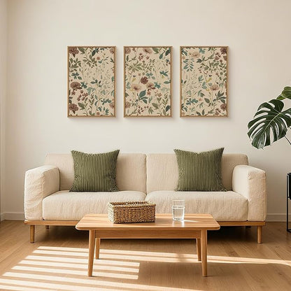 Large Abstract Vintage Floral Framed Canvas Wall Art Set,Boho Retro Neutral Wildflower Wall Decor,Mid Century Antique Flower Botanical Artwork for Living Room,Bedroom,Farmhouse- 16"x24"x3