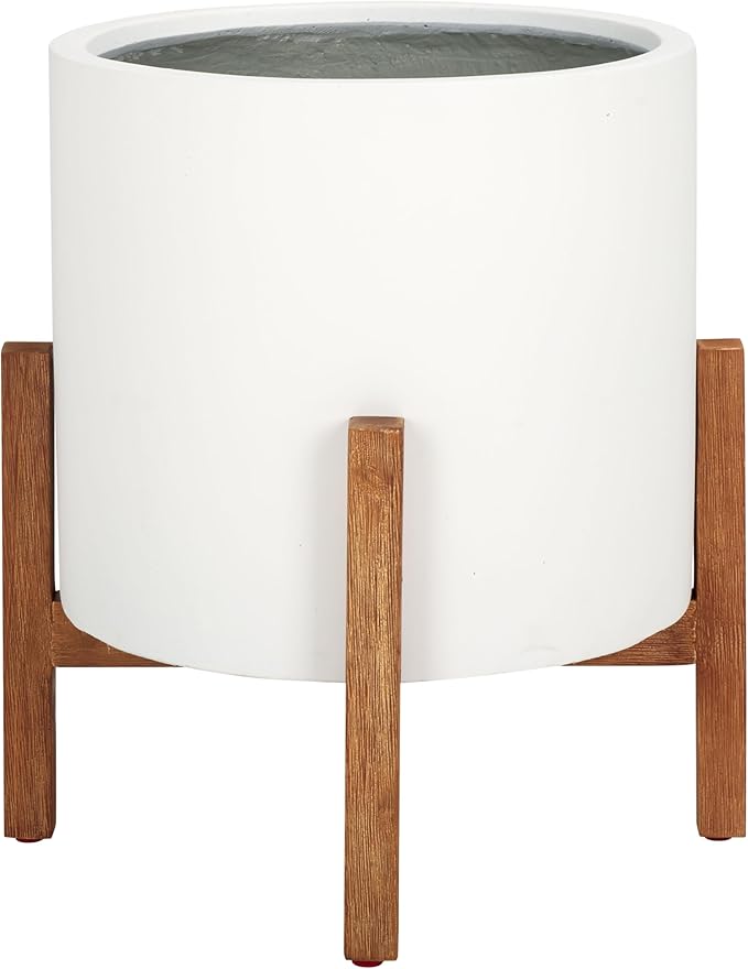 SAFAVIEH Outdoor Patio Furniture Jesper Modern White Concrete Ficonstone & Natural Brown Solid Wood Planter Pot