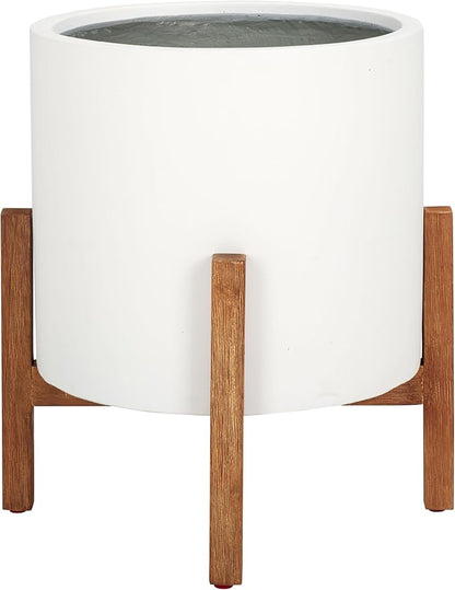 SAFAVIEH Outdoor Patio Furniture Jesper Modern White Concrete Ficonstone & Natural Brown Solid Wood Planter Pot