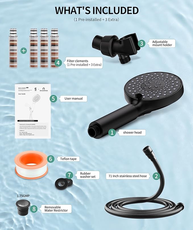 SR SUN RISE Filtered Shower Head with Handheld High Pressure 9 Spray Mode Showerhead Detachable Shower Head Water Softener Filters Beads for Hard Water Remove Chlorine 4 Filters Matte Black