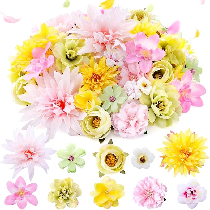 80 Pcs Assorted Fake Flower Heads Mini Artificial Flower Heads Bulk Silk Faux Daisy for Crafts Fake Peony Rose for Wedding Party Wreath Home Decoration (Pink, Green, Yellow)