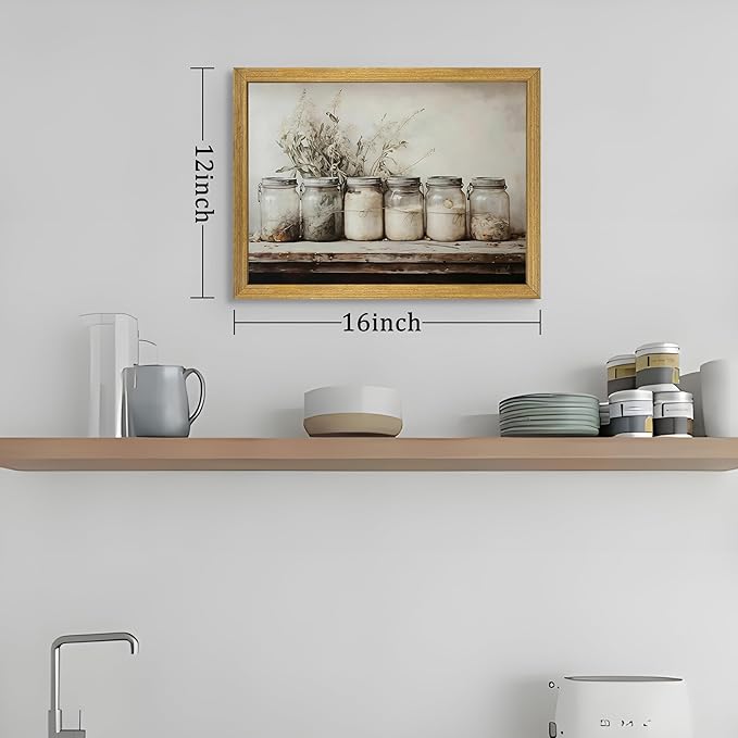 Vintage Kitchen Wall Decor, Dining Room Canvas Wall Art Painting, Retro Rustic Farm Poster Print Picture, Mason Jar Spice Still Life Art Oil Painting Home Decoration 12x16 Inch Wood Framed