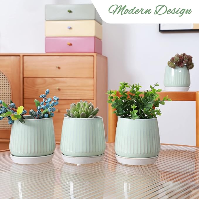 3.5 Inch Ceramic Succulent Planter Pots with Drainage Hole and Saucers, Small Glazed Ceramic Plant Pots for Indoor Flowers, Herbs, Cactus, Outdoor Plants, Green, Set of 4 (Plants Not Included)