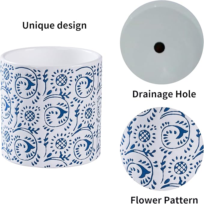 Blue and White Ceramic Plant Pot for Indoor Plants, 4.7 Inch Boho Flower Pot with Drainage Holes, Modern Planter for Home & Office Decor