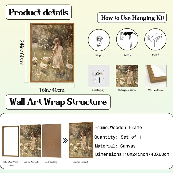 Framed Vintage Wall Art, Rustic Cute Girl with Duck Pictures Wall Decor, Farmhouse Cottagecore Paintings Country Nature Animal Canvas Prints for Living Room Bedroom Home 16x24 inch