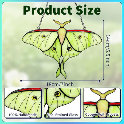 Luna Moth Stained Glass Window Hanging,Handcrafted Real Stained Glass Butterfly Window Suncatchers for Home Indoor Decor, Christmas Mother's Day Birthday Gifts for Women, Mom, Grandma