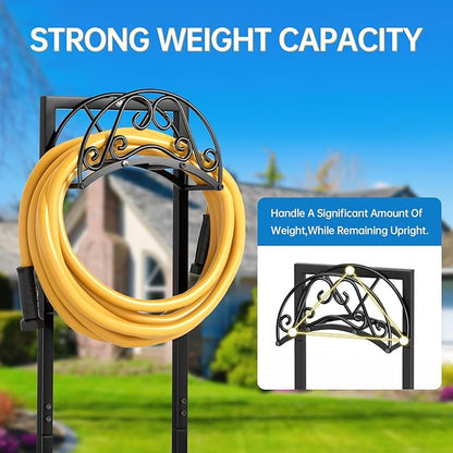 GREENER Garden Hose Holder GREENER Detachable Water Hose Holder Freestanding Heavy Duty Metal Hose Hanger Holds 150-feet Hose,Outdoor Hose Holder Storage For Outside Yard Lawn,Black