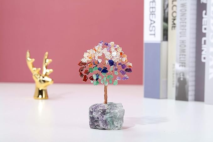 Jovivi Natural 7 Chakra Crystal Tree, Raw Healing Crystals Fluorite Base Gem Bonsai Money Tree for Home Office Table Decor Wealth and Luck