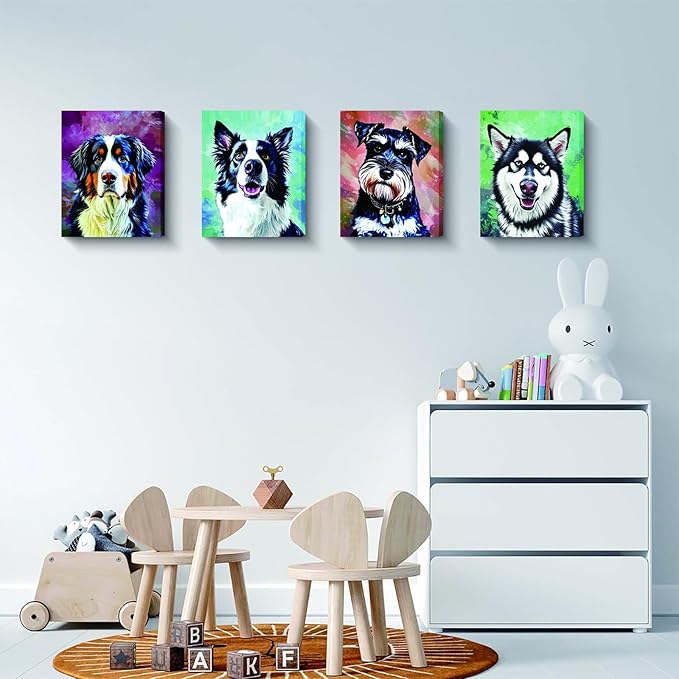 Framed Watercolor Dog Wall Art Canvas, Set of 4 Modern Pet Printing 8x10 Inches, Bernese Mountain Dog, Schnauzer, Border Collie, Husky Prints