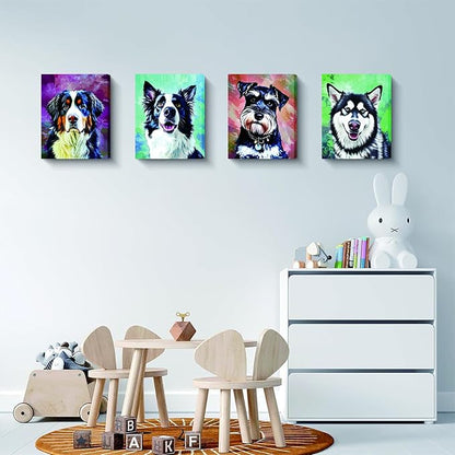 Framed Watercolor Dog Wall Art Canvas, Set of 4 Modern Pet Printing 8x10 Inches, Bernese Mountain Dog, Schnauzer, Border Collie, Husky Prints