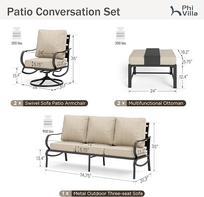 PHI VILLA 5 PCS Patio Furniture Set, Metal Outdoor Furniture Set with 1 x 3 Seater Deep Seating Bench, 2 x Swivel Sofa Chairs & 2 x Metal Cushioned Ottoman, Outdoor Patio Set for Garden