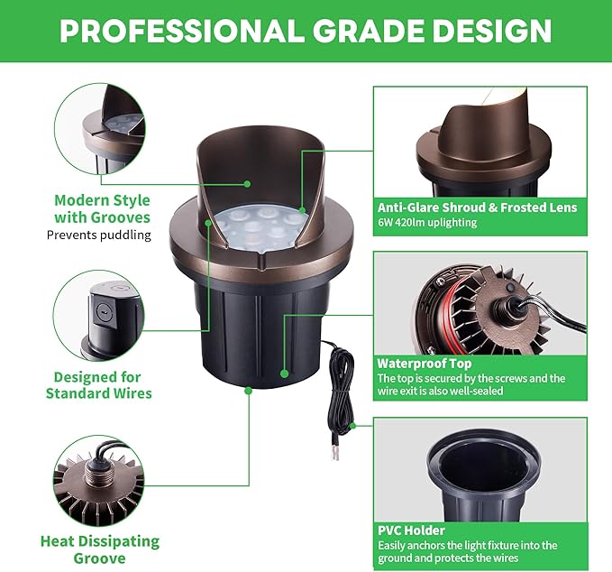 Landscape Well Lights, IP67 Waterproof LED Low Voltage In-Ground Lights Outdoor, 12V Anti-Glare Landscape Uplighting for Trees & Walls, Color Temp Random: 3000K or Upgraded 5CCT(1800–5000K)