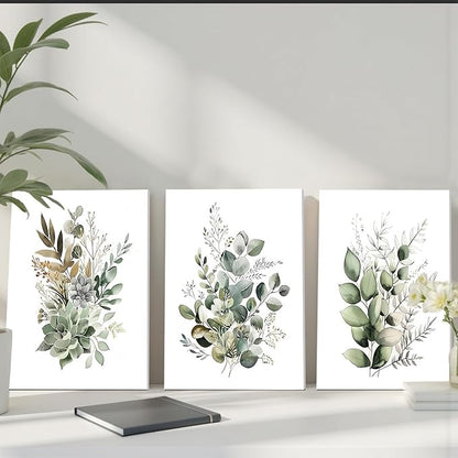 FYLDPSB 3 PCS Unframed Watercolor Floral Canvas Wall Art, Boho Sage Green Wildflower Wall Decor, Modern Flowers and plants Painting Print for Bedroom Living Room Bathroom Decorations 12''L x 16''W