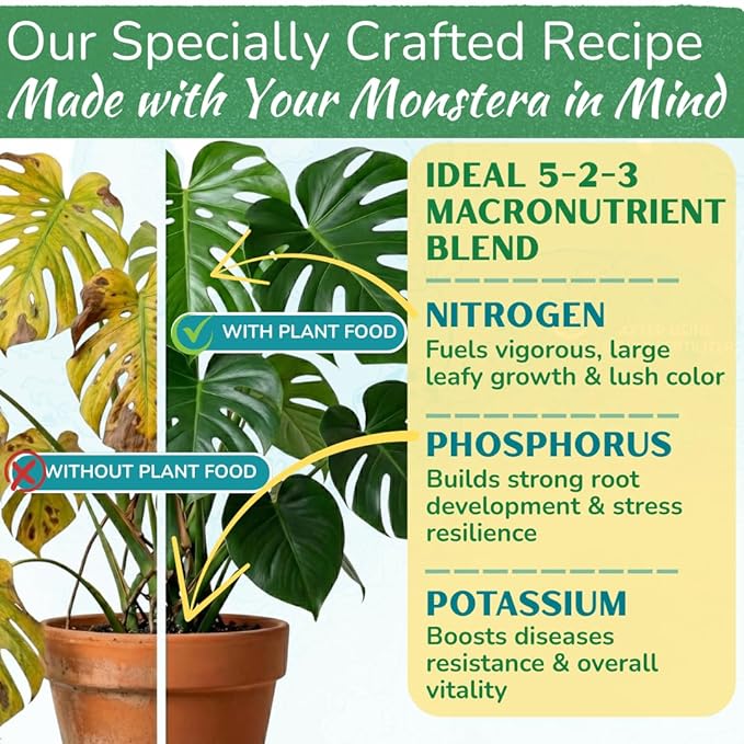 Monstera Plant Food - Premium Nutrient Rich Liquid Fertilizer (5-2-3 NPK) for Monstera Deliciosa & Other Tropical Plants | Supports Strong Roots & Large, Lush Leaves | Safe, Gentle, Easy-to-Use | 8 oz