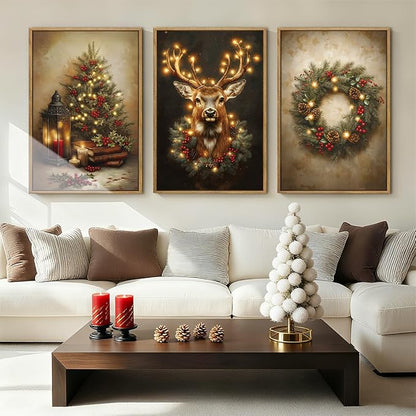 Anyzal Christmas Wall Art Winter Christmas Tree Prints Santa Elk Wall Decor for Living Room Bedroom Dining Room 12x16 Inch