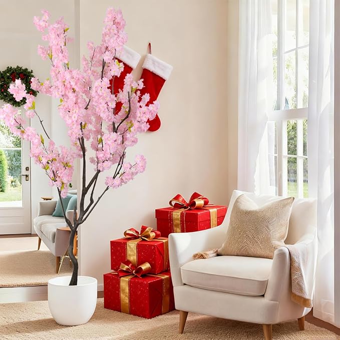 7.2ft Artificial Cherry Blossom Tree for Indoor Decor,Nearly Nature Pink Silk Flowers Fake Tree Tall,Realistic Faux Cherry Plant Tree for Christmas New Year Decor