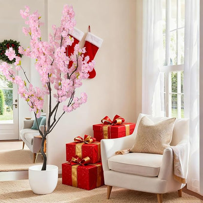 7.2ft Artificial Cherry Blossom Tree for Indoor Decor,Nearly Nature Pink Silk Flowers Fake Tree Tall,Realistic Faux Cherry Plant Tree for Christmas New Year Decor