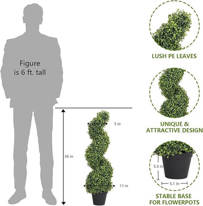 THE BLOOM TIMES 3ft Tall Spiral Topiary Trees Artificial Outdoor Set of 2, 36 Inch UV Resistant Large Faux Evergreen Fake Boxwood Plants for Front Porch Outside Planter Entryway Entrance Decor 3 Foot