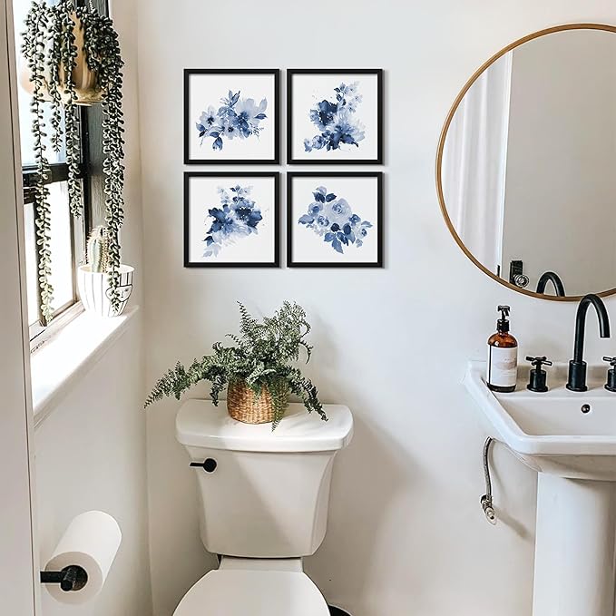 ArtbyHannah Framed Bathroom Wall Decor, Navy Blue Wall Art with Black Frame and Watercolor Floral Prints Pictures for Kitchen Bedroom Home Decorations (4 Pack, 10x10 Inch)