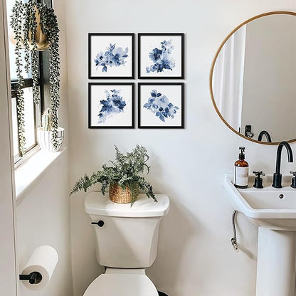 ArtbyHannah Framed Bathroom Wall Decor, Navy Blue Wall Art with Black Frame and Watercolor Floral Prints Pictures for Kitchen Bedroom Home Decorations (4 Pack, 10x10 Inch)