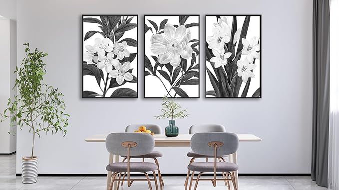 Large Framed Flower Wall Art - Blooming Floral Wall Decor 24"x36" Set of 3 Black and White Painting Prints Vintage Botanical Canvas Pictures for Living Room Bedroom Office Artwork