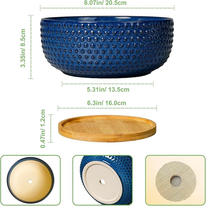 Bonsai Pots - 8 Inch Ceramic Pots for Succulent Plants & Bonsai Tree, Planter with Drainage Hole and Saucer, Modern Round Decorative Flower Planters, House Decor, Gifts for Women Man, Blue