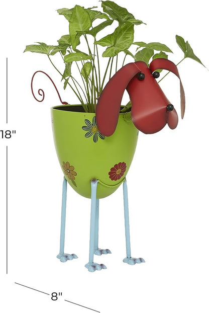 Deco 79 Metal Dog Indoor Outdoor Planter - Large Pot With Floral Pattern, 19" x 8" x 18", Green