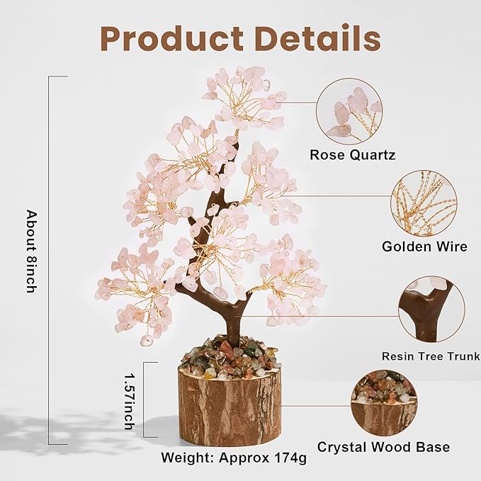 DUQGUHO Rose Quartz Crystal Tree - Cherry Blossom Pink Crystal Decor for Positive Energy, Meditation, Office - Good Luck Gifts for Women & Mom