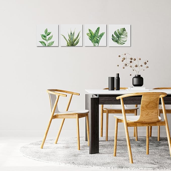 4 Pcs Watercolor Plant Canvas Wall Art Framed Plants Decor Art Posters Pictures Wall Decor Tropical Plants Green Leaves for Decoration boho decor Artwork for Walls Home Bedroom Office