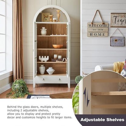 71" Tall Arched Cabinet, Modern Farmhouse Wooden Display Cabinet with Drawer and Glass Doors, 6 Tier Bookshelf w/Adjustable Shelves for Living Room, Office, Antique White